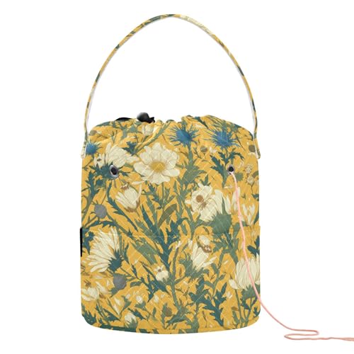 Garnaufbewahrungstasche mit Löchern für Häkelgarn, Vintage-Blumen und weiße grüne Blätter, gelber Hintergrund, mit Löchern für Reisen, Häkelgarn, Organizer Garnaufbewahrungstasche mit Löchern für Häkelgarn, Vintage-Blumen und weiße grüne Blätter, gelber Hintergrund, mit Löchern für Reisen, Häkelgarn, Organizer von tplaotee