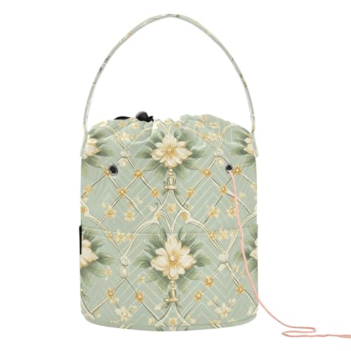 Häkelgarn-Tasche, Vintage-Blumen, Argyle, Grün / Gelb, mit Löchern für Garnbälle, Bastelorganizer Häkelgarn-Tasche, Vintage-Blumen, Argyle, Grün / Gelb, mit Löchern für Garnbälle, Bastelorganizer von tplaotee