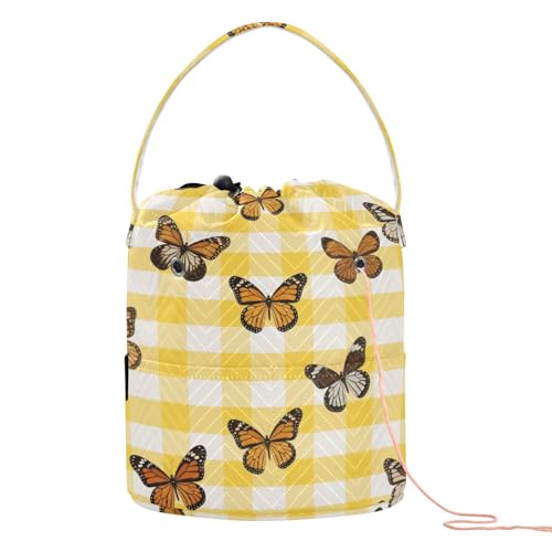 Häkelgarn-Tasche, kariert, Schmetterlings-Design, tragbar, für Strickwerkzeug, Stricken, Aufbewahrung, Gelb / Weiß Häkelgarn-Tasche, kariert, Schmetterlings-Design, tragbar, für Strickwerkzeug, Stricken, Aufbewahrung, Gelb / Weiß von tplaotee