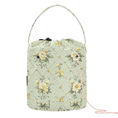 Häkeltasche im Vintage-Stil, Schleifen, Blumen, Argyle, Grün, Gelb, Häkeltasche, Stricknadelaufbewahrung mit Löchern für Häkeln, Strickzubehör Häkeltasche im Vintage-Stil, Schleifen, Blumen, Argyle, Grün, Gelb, Häkeltasche, Stricknadelaufbewahrung mit Löchern für Häkeln, Strickzubehör von tplaotee
