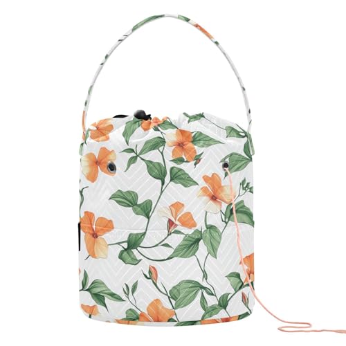 Häkeltasche mit orangefarbenen Blumen und grünen Blättern, Aufbewahrungstasche mit Löchern für Strickwerkzeug, Garn, Handwerk Häkeltasche mit orangefarbenen Blumen und grünen Blättern, Aufbewahrungstasche mit Löchern für Strickwerkzeug, Garn, Handwerk von tplaotee