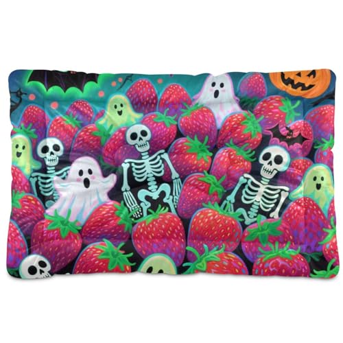 Happy Halloween Hundebett-Matte mit rotem Erdbeer-Totenkopf-Motiv, waschbar, rutschfest, weich, bequem, für mittelgroße und große Hunde, 91,4 x 61 cm Happy Halloween Hundebett-Matte mit rotem Erdbeer-Totenkopf-Motiv, waschbar, rutschfest, weich, bequem, für mittelgroße und große Hunde, 91,4 x 61 cm von tplaotee