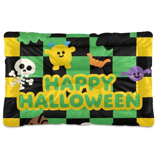 Haustier-Schlafmatte, fluoreszierend, gelb, kariert, Halloween-Schädel, waschbar, rutschfest, weich, bequem, für mittelgroße und große Hunde, 91,4 x 61 cm Haustier-Schlafmatte, fluoreszierend, gelb, kariert, Halloween-Schädel, waschbar, rutschfest, weich, bequem, für mittelgroße und große Hunde, 91,4 x 61 cm von tplaotee