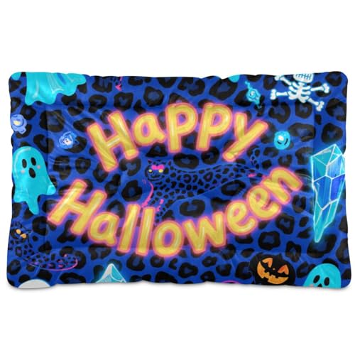 Hundebett-Matte mit Halloween-Leopardenmuster, waschbar, rutschfest, weich, bequem, für große, mittelgroße und kleine Hunde, 91,4 x 61 cm, Blau von tplaotee