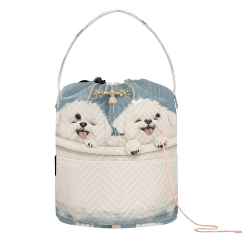 Niedliche Malteser-Hunde-Badewannen-Häkelgarn-Tasche, Reisetasche, tragbar, für Garnbälle, Häkelrucksäcke von tplaotee