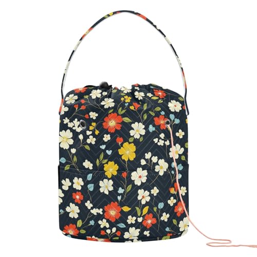 Schwarze kleine Blumen Häkeltasche Garn Reisetasche tragbar für Häkelträger Stricken Häkeln Schwarze kleine Blumen Häkeltasche Garn Reisetasche tragbar für Häkelträger Stricken Häkeln von tplaotee