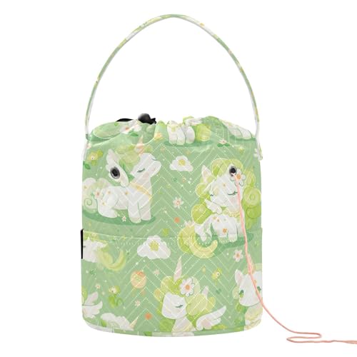 Stricktasche mit Cartoon-Einhörnern, fluoreszierend, grün, Stricktasche mit Löchern für Strickwerkzeug, Strickzubehör von tplaotee