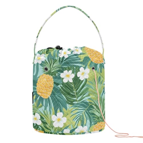 Tropische Ananas, goldgelb, grün, Palmenblätter, Blumengarnbeutel, Häkelnadelaufbewahrung mit Löchern für Häkeln, Stricken, Häkelzubehör von tplaotee