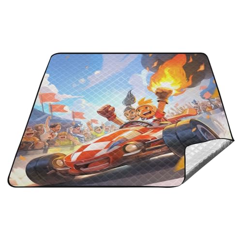 Verspielte Cartoon-Rennwagen-Flammen, wasserdicht, Outdoor-Picknickdecke, großer Strand, große Stranddecke für 4 bis 6 Erwachsene, Paare, Geschenk, Manta, Para, Picknick, extra Verspielte Cartoon-Rennwagen-Flammen, wasserdicht, Outdoor-Picknickdecke, großer Strand, große Stranddecke für 4 bis 6 Erwachsene, Paare, Geschenk, Manta, Para, Picknick, extra von tplaotee