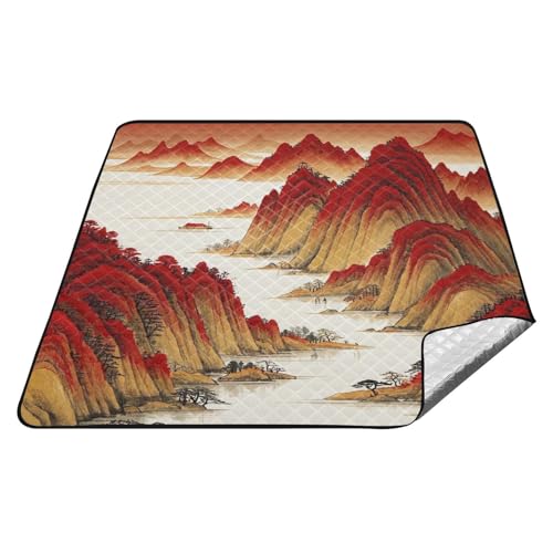 Wasserdichte Picknickdecke mit chinesischer Landschaft, wasserabweisend, für Camping, Party, Rasen, Decke für Outdoor, Frauen, Paare, Geschenk, Rot / Gold Wasserdichte Picknickdecke mit chinesischer Landschaft, wasserabweisend, für Camping, Party, Rasen, Decke für Outdoor, Frauen, Paare, Geschenk, Rot / Gold von tplaotee