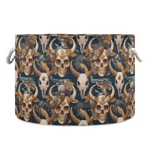 tplaotee Blauer und goldener Cowboy-Bull-Totenkopf-Aufbewahrungskorb, faltbarer und wasserdichter Wäschekorb mit stabilem Griff, große Behälter für Zimmer, Regal, Kinderzimmer von tplaotee
