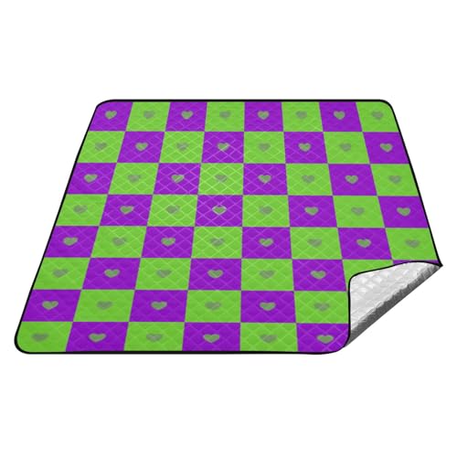 tplaotee Buffalo Plaid Kariert Herz Grün Lila Wasserdicht Picknicktisch XXL Picknick Outdoor Camping Matte für Familie Paare Geschenk Manta de Picknick undurchlässig von tplaotee