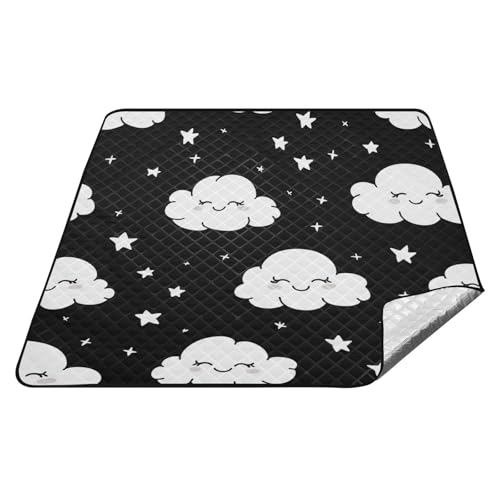 tplaotee Cartoon Happy White Cloud Schwarz Wasserdichte Stranddecke Groß Rasen Strand Picknick für Outdoor Frauen Konzertdecke Manta Para Picknick Extra von tplaotee