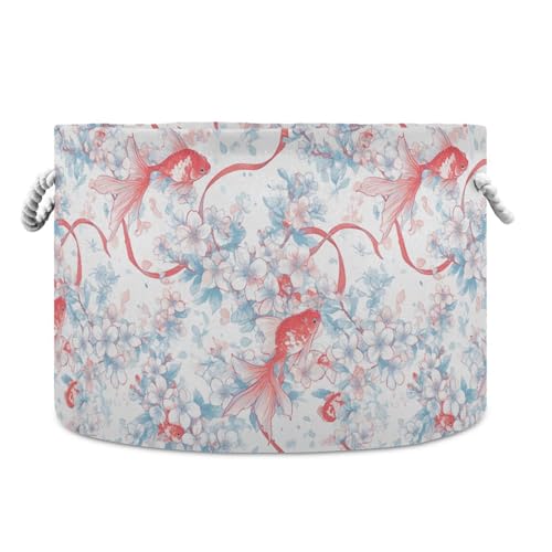 tplaotee Lovely Wind Cherry Blossom Goldfish Aufbewahrungskorb, zusammenklappbar und wasserdicht, Wäschekorb mit stabilem Griff, runde Aufbewahrungskörbe für Regal, Lagerung, Steppdecke von tplaotee