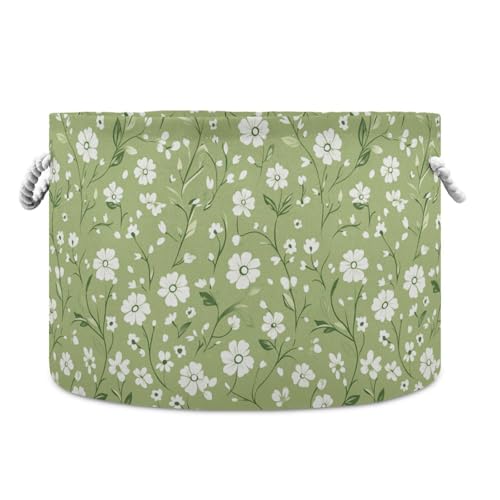 tplaotee Summer Green Little Flowers Aufbewahrungskorb, zusammenklappbar und wasserdicht, Wäschekorb mit stabilem Griff, rund, Dekoration, Aufbewahrung für Regale, Büro, Wohnheim von tplaotee