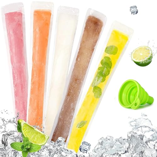 trabag 120 Stück Wassereis Tüten, Transparent, Polyethylen, Wassereis Formen Mit Trichter, Eis Am Stiel, Diy Wassereis Tüten für Joghurt, Saft & Smoothies, Stangenwassereistüte(28 X 5.5cm) von trabag