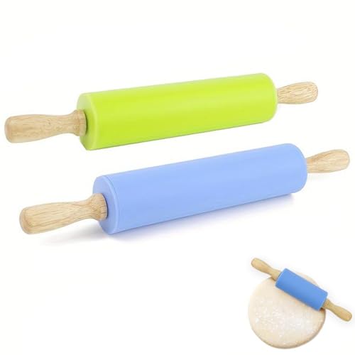 Nudelholz Silikon Mit Holzgriff - 2 Stücke Teigroller Mit Antihaft-Oberfläche für Kuchen, Backen, Pizza, Fondant, Cookie von trabag