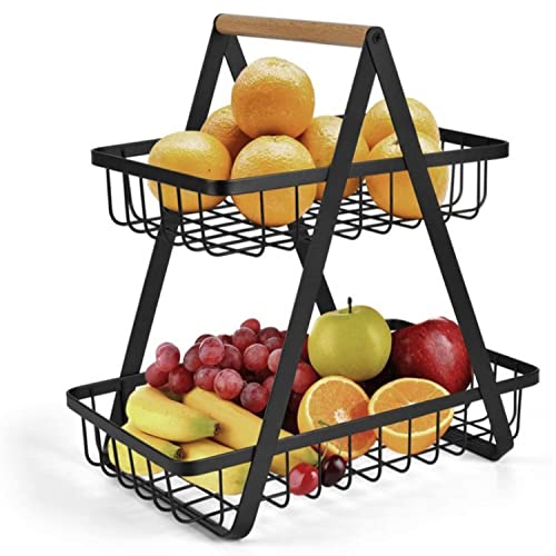 2 tier Obst Etagere Obstschale - Obstschale Abnehmbar Etagere Obst, Obstkorb für die Küche, Gemüse, Snacks, Obstständer mit Holzgriff, Abnehmbar Obst Halter Küche Ablagekorb (Schwarz) von trabag