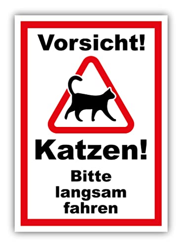 tradercat Vorsicht Katzen Bitte langsam fahren Schild Aufkleber aus Vinyl Schilder Vorsicht Katzen Sticker mit UV-Schutz Hinweisschilder langsam fahren Katzen Warnzeichen (AUFKLEBER | 42 x 30 cm) von tradercat