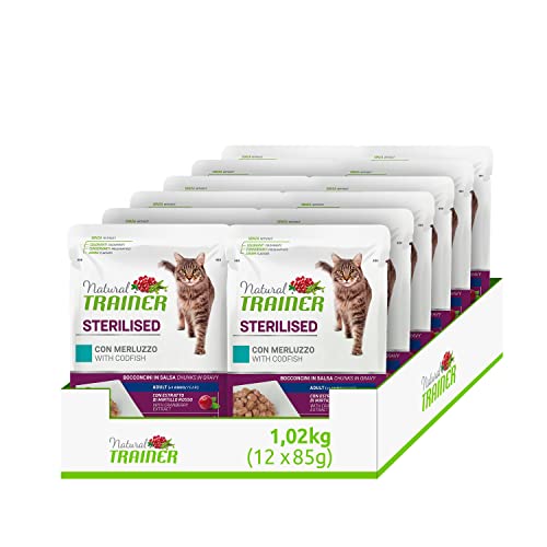 Natural Trainer Sterlisied Adult Nassfutter für Katzen mit Kabeljau und Erbsenfaser, 12 Beutel x 85 g – 1020 g von Trainer