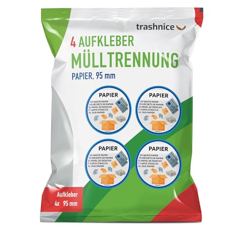 Papiermüll Aufkleber mehrsprachig 4er Pack für Mülltrennung Aufkleber Mülltonne Abfalleimer Set Abfall Abfalleimer-Aufkleber 95 mm, Papiermüll Mülltonnenaufkleber. Mülltonnen Abfalltrennung Papierkorb von trashnice