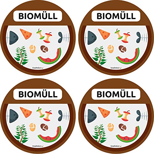 trashnice Biomüll Mülltrennung Aufkleber 4er Pack Mülltonne Abfalleimer Set Abfall Abfalleimer-Aufkleber 95 mm, Gelbe Tonne, Biomüll, Papier, Mehrweg und Restmüll von trashnice