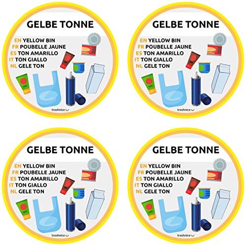 trashnice Gelbe Tonne 4er Pack Aufkleber mehrsprachig Mülltonne Abfalleimer Set Abfall Abfalleimer-Aufkleber 95 mm, Gelbe Tonne, Biomüll, Papier, Glas, Mehrweg und Restmüll von trashnice