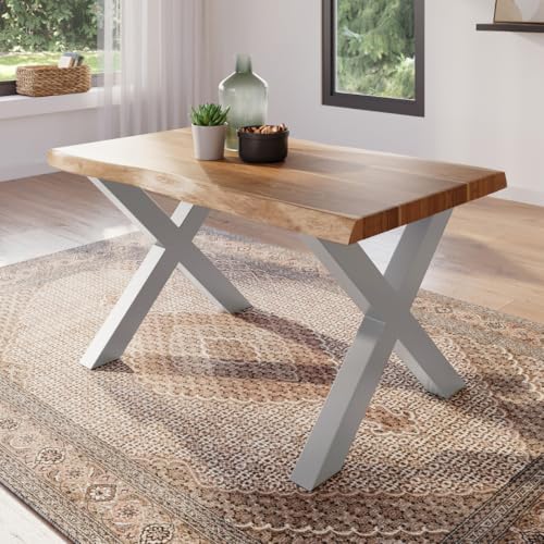trelevo Esszimmertisch 120x80 cm, Akazienholz massiv, Tischplatte naturfarben, echte Baumkante, X-Gestell Silber, Baumkantentisch von trelevo