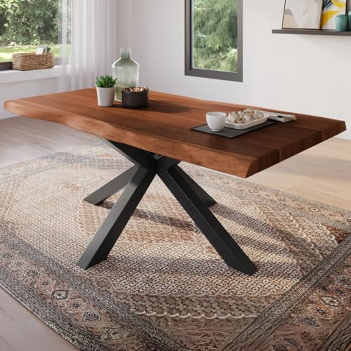 trelevo Esszimmertisch 180x90 cm, Akazienholz massiv 25+25mm, Tischplatte nussbaumfarben, echte Baumkante, Spider Gestell schwarz, Baumkantentisch von trelevo