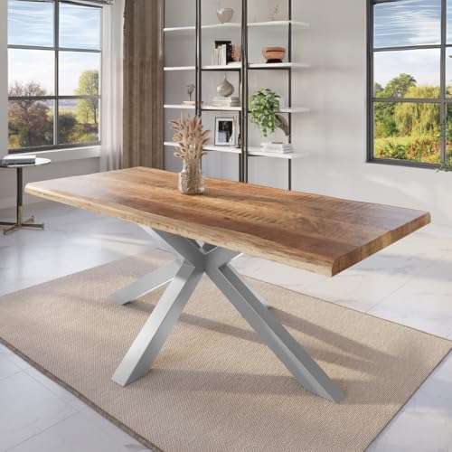 trelevo Esszimmertisch 240x100 cm, Mangoholz massiv, Tischplatte Natur/rau, echte Baumkante, Spider Gestell Silber, Baumkantentisch von trelevo