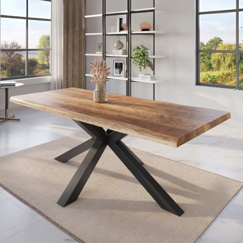 trelevo Esszimmertisch 240x100 cm, Mangoholz massiv, Tischplatte Natur/rau, echte Baumkante, Spider Gestell schwarz, Baumkantentisch von trelevo