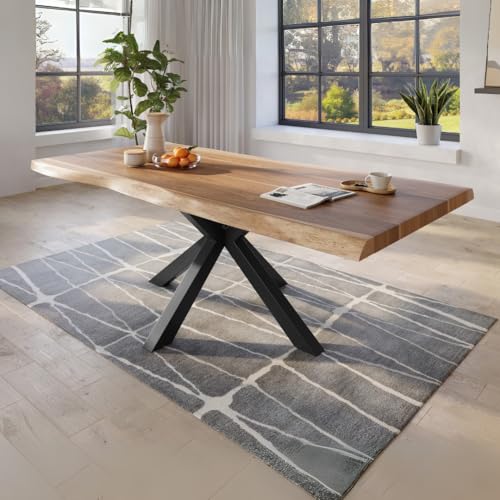 trelevo Esszimmertisch 240x120 cm, Akazienholz massiv 50mm, Tischplatte naturfarben, echte Baumkante, Spider Gestell schwarz, Baumkantentisch von trelevo