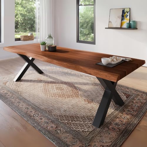 trelevo Esszimmertisch 260x100 cm, Akazienholz massiv, Tischplatte nussbaumfarben, echte Baumkante, X-Gestell schwarz, Baumkantentisch von trelevo