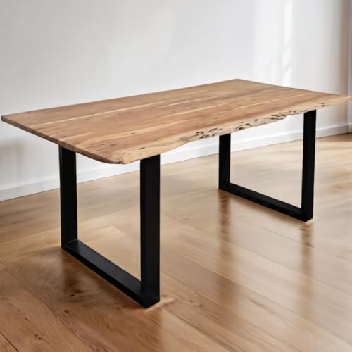 trelevo Esszimmertisch 260x100 cm, Akazienholz massiv 26mm, Tischplatte naturfarben, echte Baumkante, U-Gestell schwarz, Baumkantentisch von trelevo
