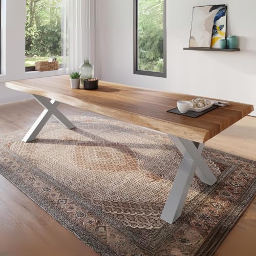 trelevo Esszimmertisch 280x100 cm, Akazienholz massiv, Tischplatte naturfarben, echte Baumkante, X-Gestell Silber, Baumkantentisch von trelevo