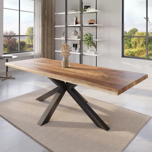 trelevo Esszimmertisch 300x100 cm, Mangoholz massiv, Tischplatte Natur/rau, echte Baumkante, Spider Gestell schwarz, Baumkantentisch trelevo Esszimmertisch 300x100 cm, Mangoholz massiv, Tischplatte Natur/rau, echte Baumkante, Spider Gestell schwarz, Baumkantentisch von trelevo