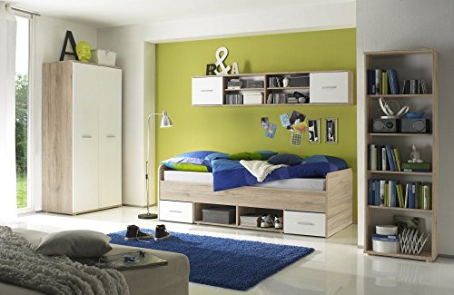 trend-moebel JUGENDZIMMER KINDERZIMMER 4-TLG.-Komplettset KLEIDERSCHRANK 2-TRG. Bett 90x200 Regal Eiche Sanremo Weiss NEU von trend-moebel