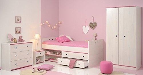trend-moebel KINDERZIMMER 4-TLG.-Set Komplettset KLEIDERSCHRANK 2-TRG. Bett 90x200 cm KOMMODE DREHBARE Kanten PINK/BLAU NEU von trend-moebel