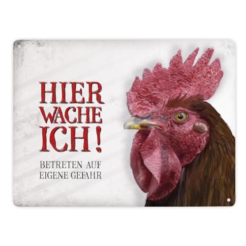 Betreten auf eigene Gefahr - Hier wache ich! Metallschild XXL mit Hahn Motiv von trendaffe