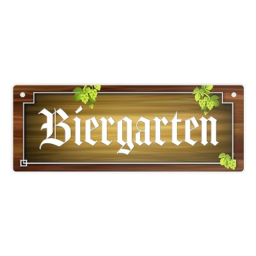 Biergarten Metallschild in Holz-Optik und Hopfen Motiv Bier Weizen Pils Kristall von trendaffe