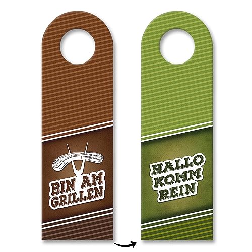 Bin am Grillen oder Komm rein Türhänger Fleisch Steak Grill Wurst Garten Zange von trendaffe