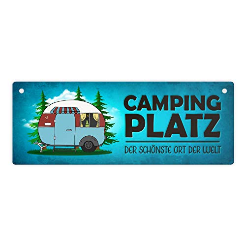 Campingplatz Metallschild in blau mit Wohnwagen Motiv Wohnmobil Urlaub Hobby Ort von trendaffe