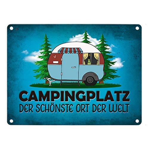Campingplatz Metallschild in blau mit Wohnwagen Motiv Wohnmobil Urlaub Hobby Ort von trendaffe