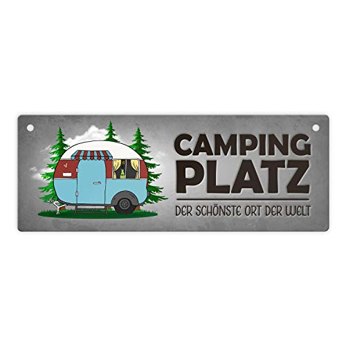 Campingplatz Metallschild in grau mit Wohnwagen Motiv Wohnmobil Urlaub Hobby Ort von trendaffe