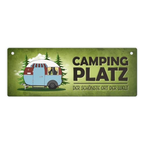 Campingplatz Metallschild in grün mit Wohnwagen Motiv Wohnmobil Urlaub Hobby Ort von trendaffe