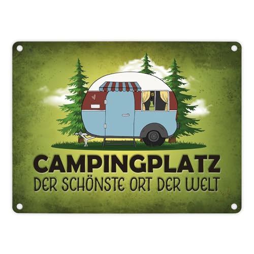 Campingplatz Metallschild in grün mit Wohnwagen Motiv Wohnmobil Urlaub Hobby Ort von trendaffe