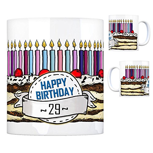 Geburtstagstorte Kaffeebecher zum 29. Geburtstag mit 29 Kerzen Tasse Kaffeetasse Becher Mug Teetasse Büro 29 Jahre Tasse Torte Kuchen 29 Kerzen Geschenkidee Geburtstagstasse Schwarzwälder von trendaffe