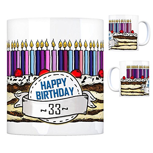 Geburtstagstorte Kaffeebecher zum 33. Geburtstag mit 33 Kerzen Tasse Kaffeetasse Becher Mug Teetasse Büro 33 Jahre Tasse Torte Kuchen 33 Kerzen Geschenkidee Geburtstagstasse Schwarzwälder von trendaffe