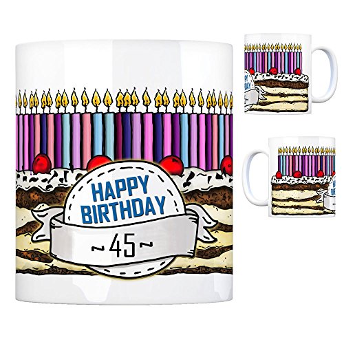 Geburtstagstorte Kaffeebecher zum 45. Geburtstag mit 45 Kerzen Tasse Kaffeetasse Becher Mug Teetasse Büro 45 Jahre Tasse Torte Kuchen 45 Kerzen Geschenkidee Geburtstagstasse Schwarzwälder von trendaffe