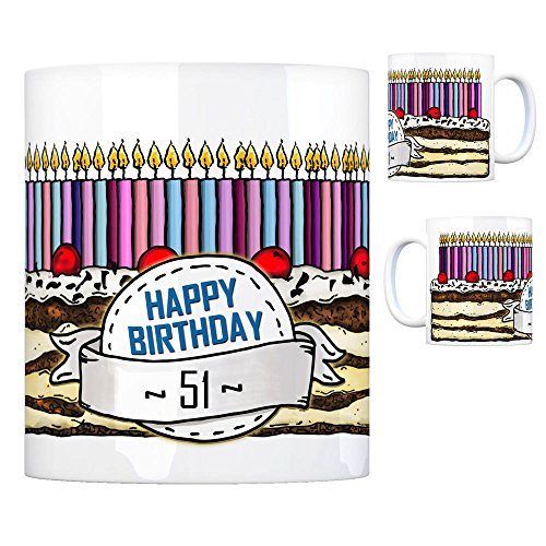 Geburtstagstorte Kaffeebecher zum 51. Geburtstag mit 51 Kerzen Tasse Kaffeetasse Becher Mug Teetasse Büro 51 Jahre Tasse Torte Kuchen 51 Kerzen Geschenkidee Geburtstagstasse Schwarzwälder von trendaffe